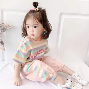 优美童女童夏装套装2023新款洋气童装小童小女孩衣服女宝宝夏季两件套潮字母-粉色90cm适合1-2岁宝宝	