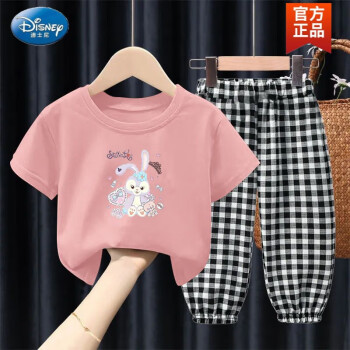迪士尼女童套装女孩薄款儿童服装洋气女宝宝夏季童装短袖T恤裤子两件套粉礼盒兔+小格子裤100码适合身高90-100cm年龄1岁-2	