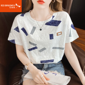 红蜻蜓（REDDRAGONFLY）纯棉短袖t恤女白色半袖体恤女夏装2023年新款韩版宽松女士上衣潮蓝色方块L	