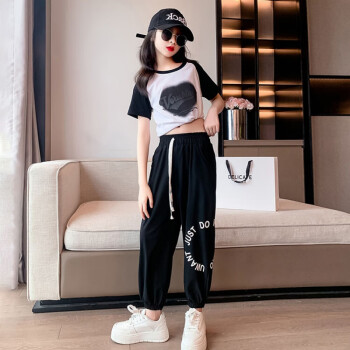 乐漫咪女童运动套装夏装2023新款洋气时髦童装儿童女大童短袖两件套夏季黑色套装150cm	