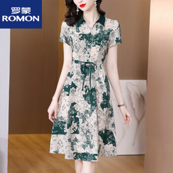 爱心东东罗蒙（ROMON）今年流行碎花连衣裙2022夏季新款时尚印花西装领短袖休闲风A字裙图片色-811_有口袋L_建议100-115斤	