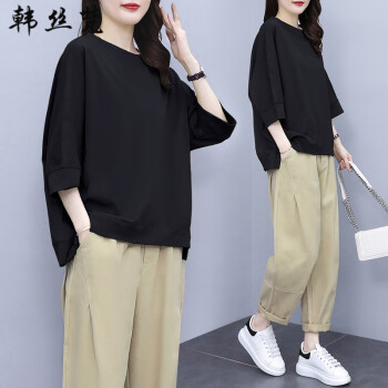 韩丝梵大码女装短袖t恤女2023夏季新款韩版港味洋气减龄宽松显瘦胖MM潮5036黑色上衣3XL【建议150-170斤】	