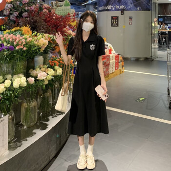 HaloQueenPolo领连衣裙女夏款中长款收腰显瘦初恋短袖A字裙夏H134Q1604	