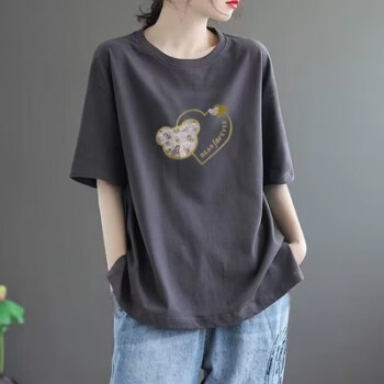 爱心东东皮尔卡丹（pierrecardin）2023年韩版纯棉上衣宽松大尺码休闲减龄全棉短袖t恤女时尚百搭夏灰色-爱心米奇L116~130斤	