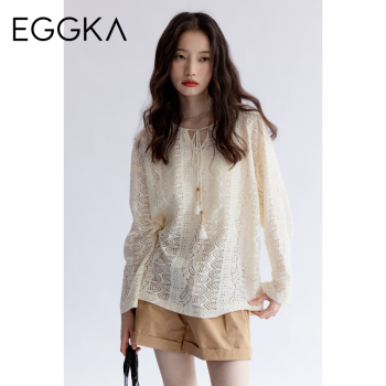 EGGKA镂空系带针织衫女薄款春夏2023年新款设计感度假风宽松上衣杏色均码	
